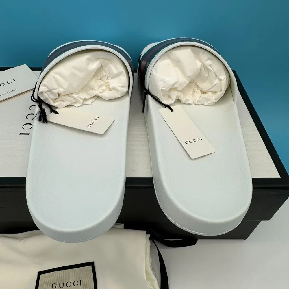Gucci Men's Pursuit Pool Rubber Slides Sandal, Size‎ 7G/US 7.5, White/Red/Green